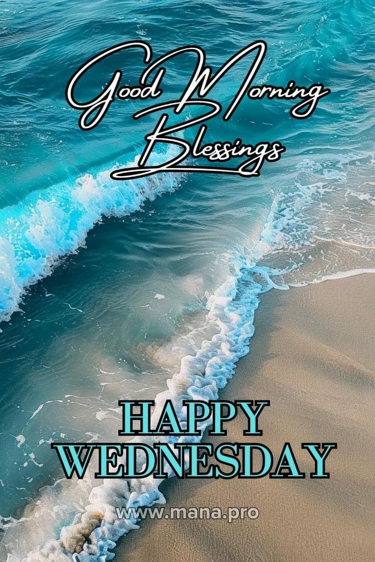 a happy wednesday message on the beach with waves coming in from the ocean and blue sky