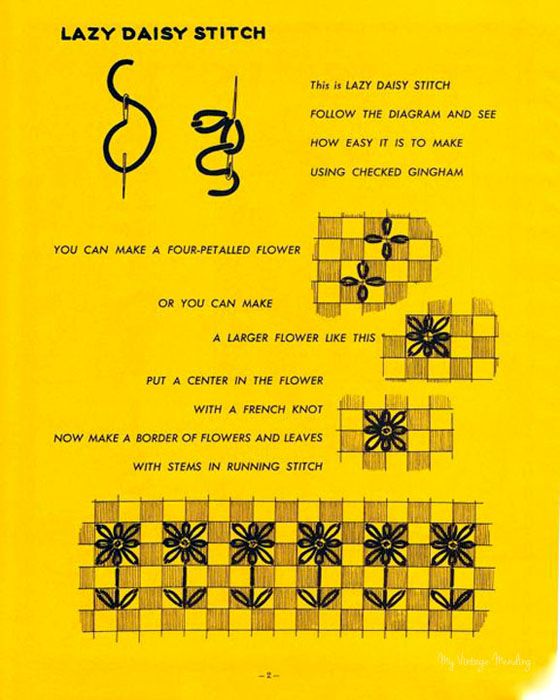 an old book with instructions on how to make daisy stitchs in black and yellow