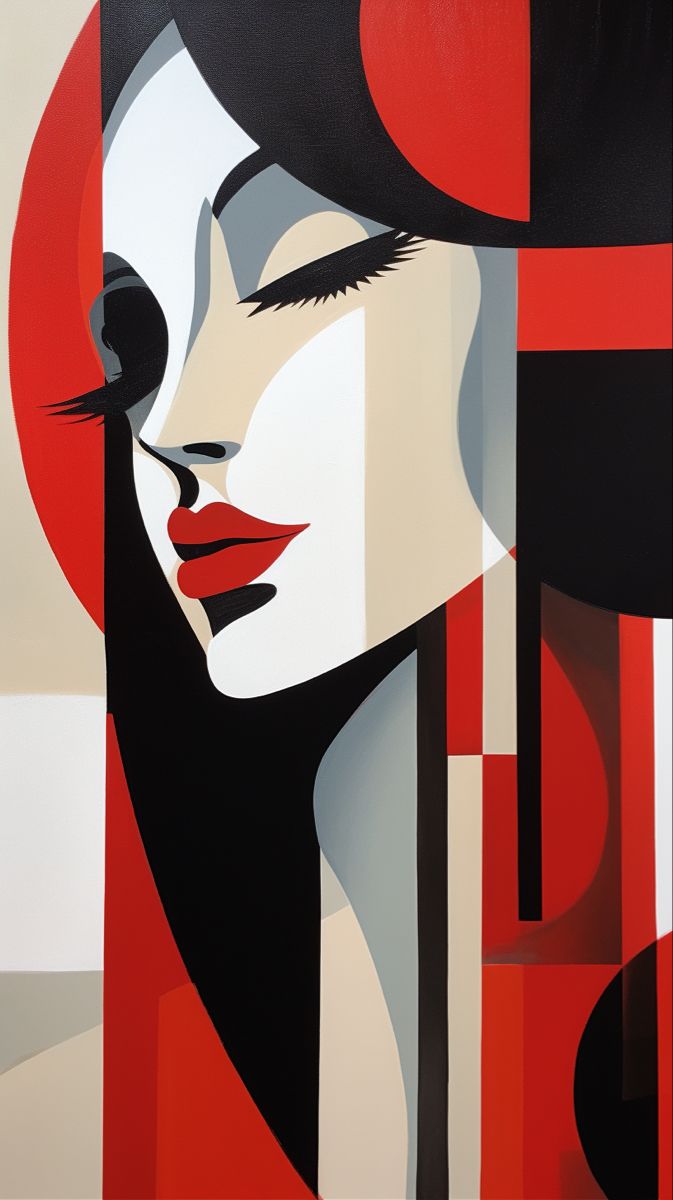 an abstract painting of a woman's face with red and white lines on it