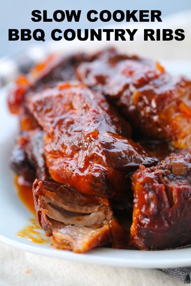 slow cooker bbq country ribs on a white plate