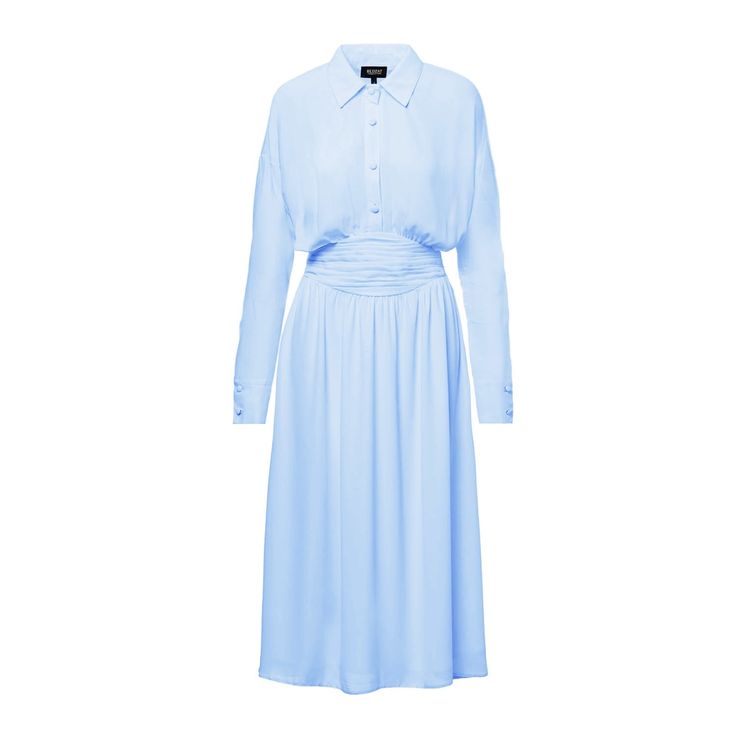 Baby Blue Midi Dress With Corset | BLUZAT | Wolf & Badger Ruched Button-up Dress For Work, Spring Semi-formal Midi Dress With Fitted Bodice, Blue Fitted Bodice Midi Dress For Work, Blue Midi Dress With Fitted Bodice For Work, Semi-formal Midi Dress With Fitted Bodice, Blue Fitted Midi Dress For Work, Elegant Midi Dress For Daywear, Office Midi Dress With Ruched Detail, Blue Luxury Midi Dress For Formal Occasions