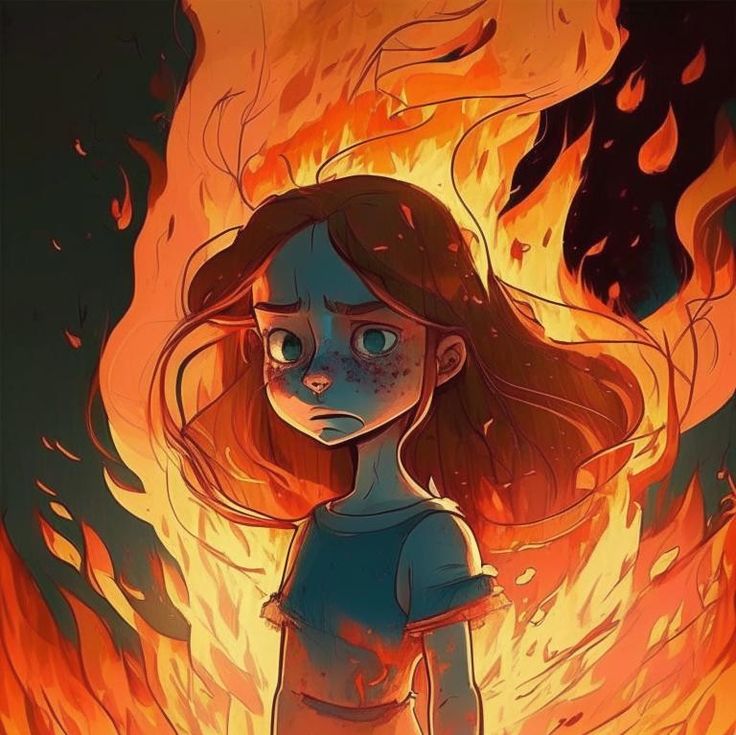 a girl standing in front of a fire