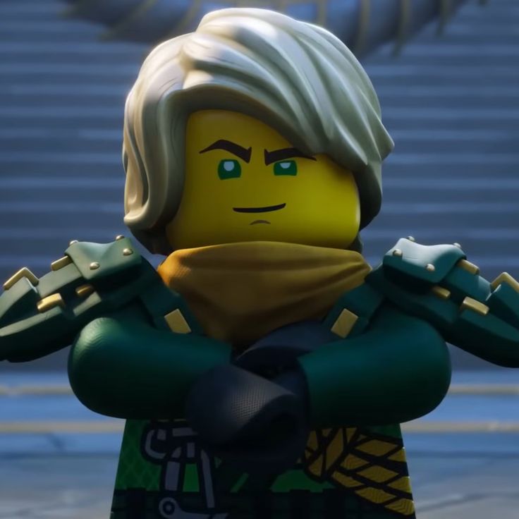 the lego movie character is dressed in green and yellow clothing with his arms folded up