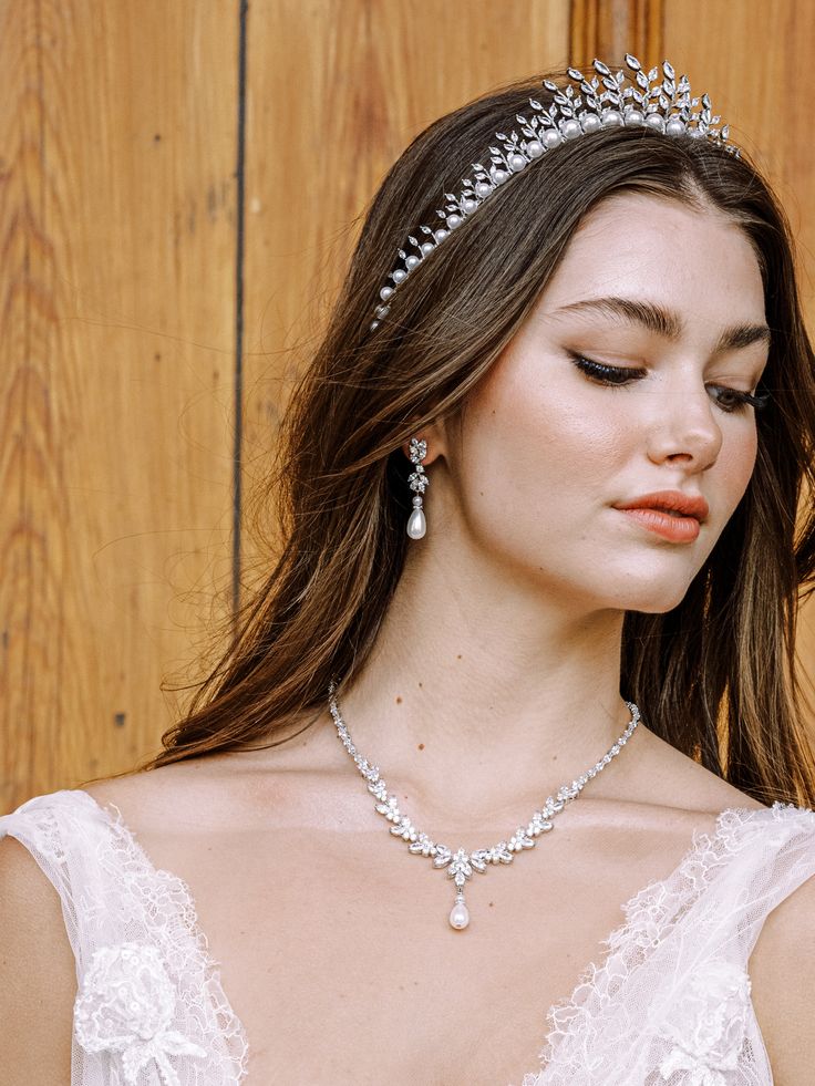 EDEN LUXE Bridal Necklaces Necklace and Earrings MADISON Simulated Diamond and Pearl Drop Necklace Pearl Drop Bridal Earrings, Demetrios Bridal, Drop Bridal Earrings, Pearl Drop Necklace, Zirconia Necklace, Gown Photos, Necklace Clasps, Cubic Zirconia Necklace, Earrings And Necklace