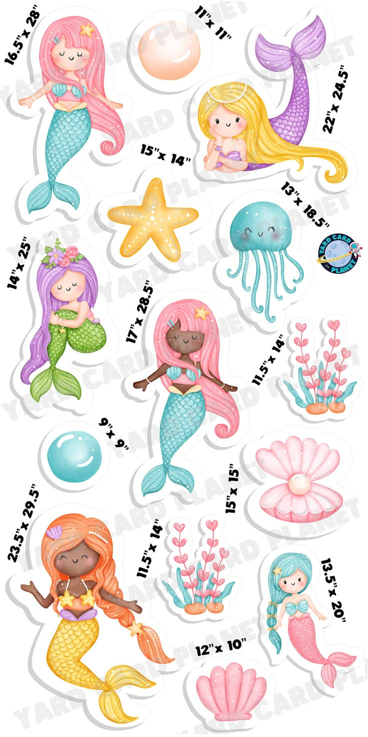 the mermaid stickers are all different colors and sizes