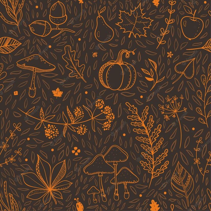 an orange and brown autumn pattern with leaves, mushrooms, acorns and other things