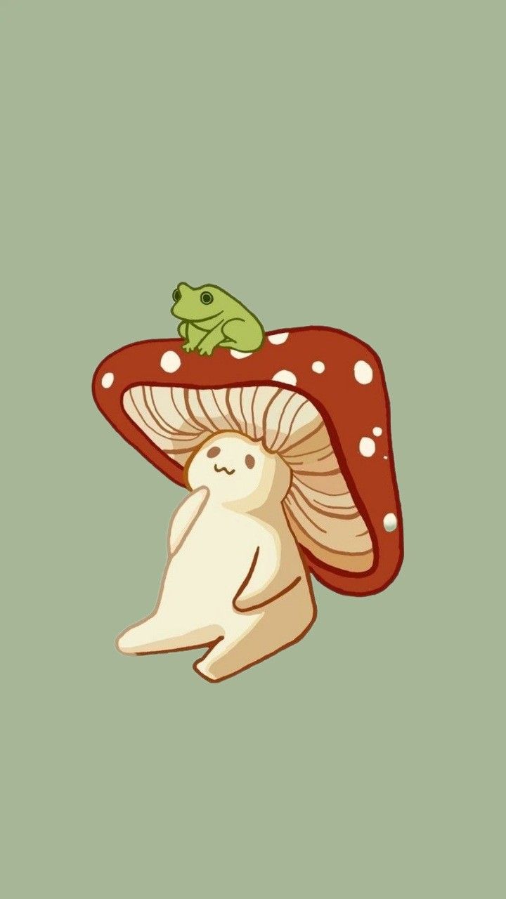 a frog sitting on top of a mushroom with a toad in it's mouth