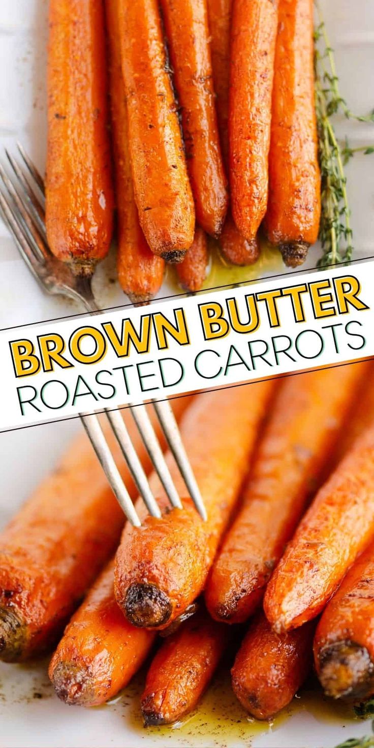 the carrots have been roasted and are being held up by forks with brown butter on them