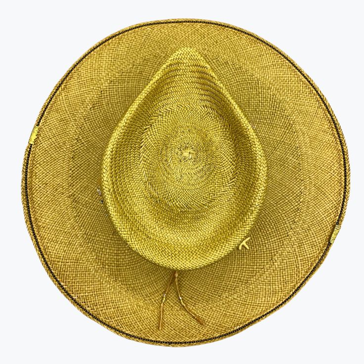 Silk and cotton ribbons with small details around crown Sweatband with 'Sun, Sea & Sand' inspirational quote All hats are unique and have perfect imperfections! Straw hat hand woven in Ecuador Hand made and designed by Valeria in California Gold Fedora With Curved Brim For Beach, Gold Curved Brim Fedora For Beach, Gold Wide Brim Fedora For Beach, Gold Wide Brim Bohemian Fedora, Gold Straw Hat With Curved Brim For Vacation, Gold Curved Brim Straw Hat For Vacation, Handmade Gold Wide Brim Hat, Gold Fedora Straw Hat For Kentucky Derby, Gold Flat Brim Sun Hat For Kentucky Derby