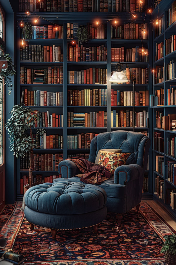 home library inspo, home library ideas, moody library Beautiful Libraries Cozy, Cool Nook Ideas, 1920s Home Library, Home Design Library, Library Decorating Ideas Home, Small Dark Library Room, Dark Library Room Aesthetic, Small Library Space, Dark Wood Built In Bookshelves