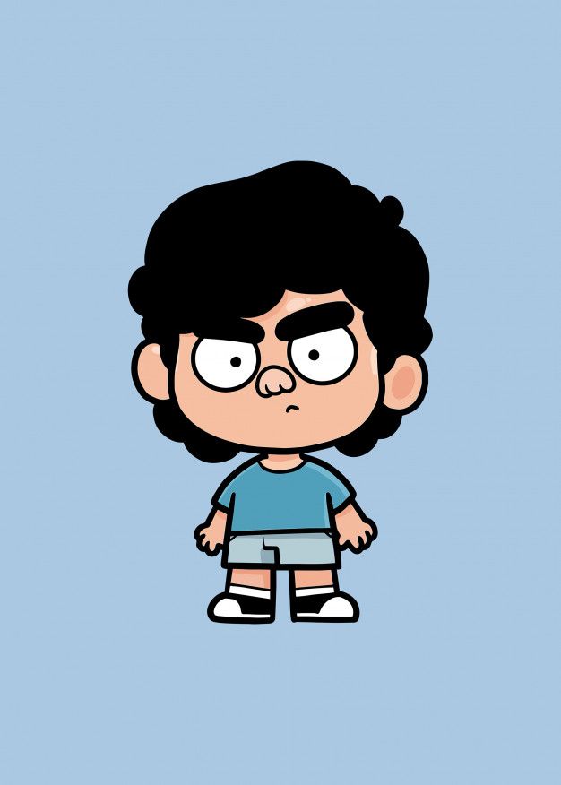 an image of a cartoon character with big eyes and black hair, standing in front of a blue background