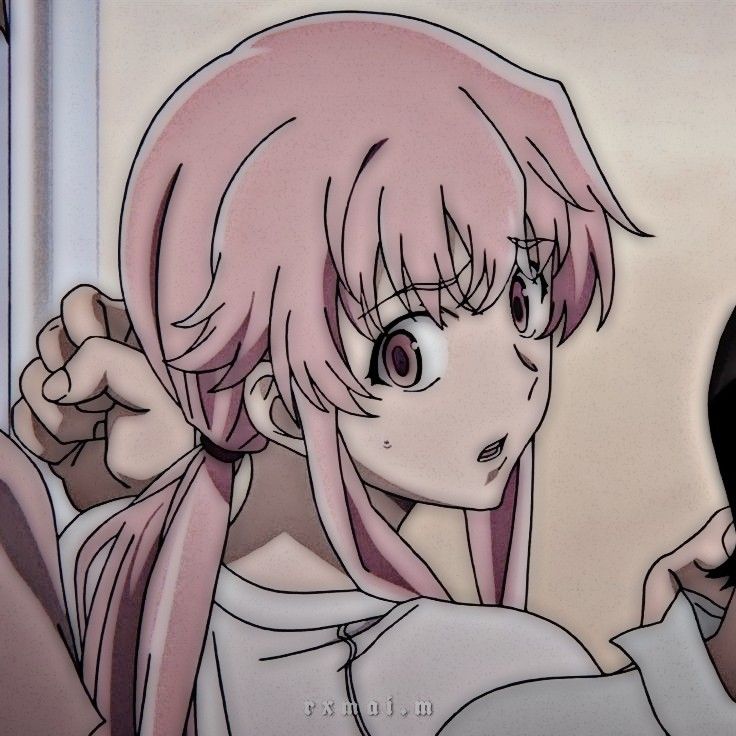 two anime characters one with pink hair and the other without her face is looking at something