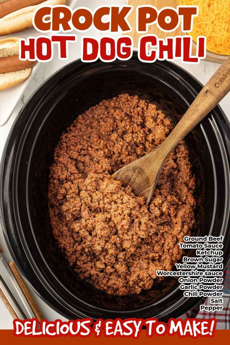 crock pot hot dog chili is in the crock pot with a wooden spoon