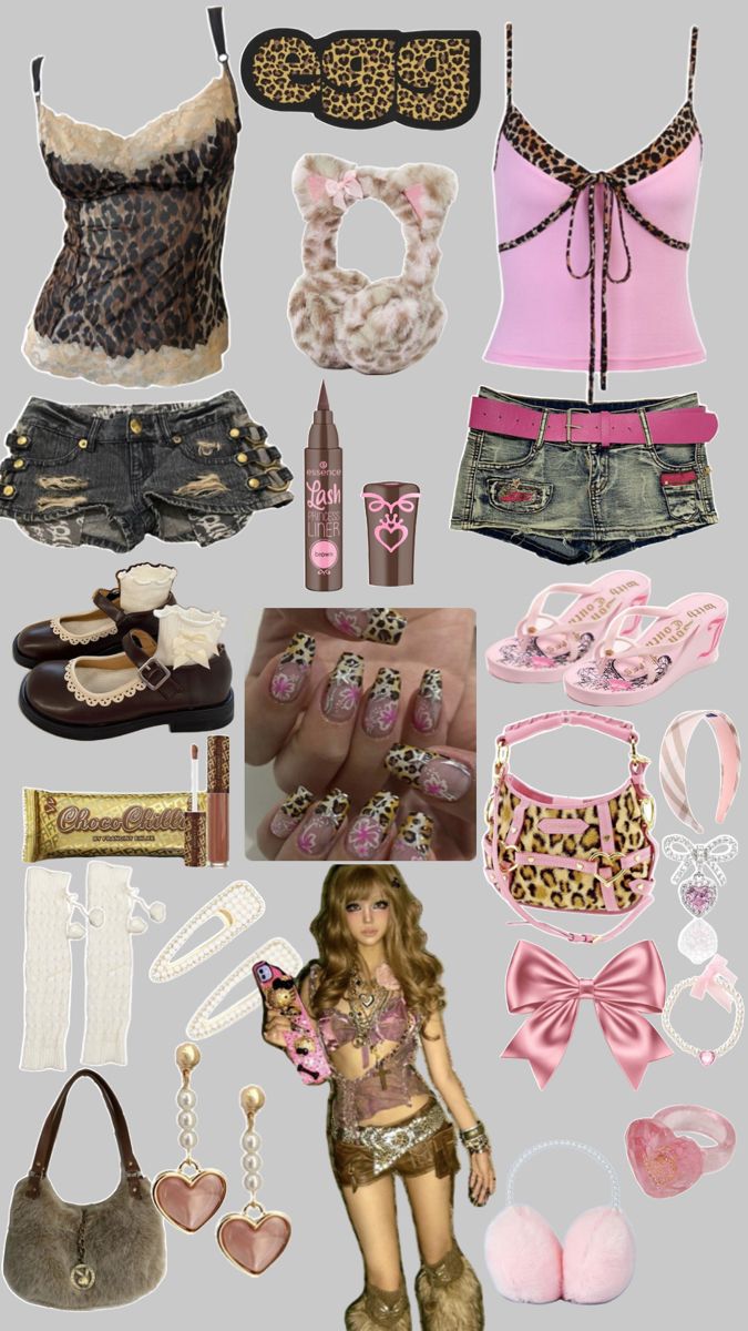 Gyaru Leopard, 2000s Things, Mcbling Style, Reference Clothing, Mcbling Gyaru, Leopard Print Outfit, Pink Baddie, Y2k Music, Mcbling Fashion