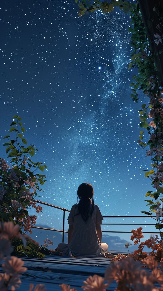 a woman sitting on a bench looking up at the night sky with stars above her