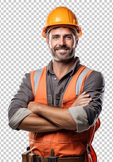 a man wearing an orange safety vest and hard hat with his arms crossed in front of him