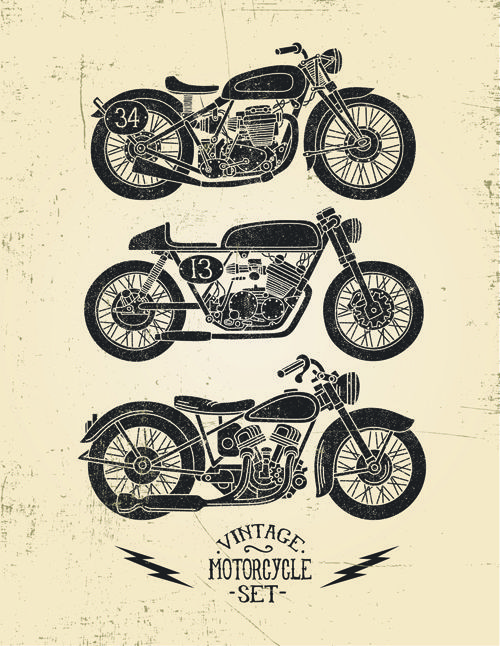 three vintage motorcycles on a beige background