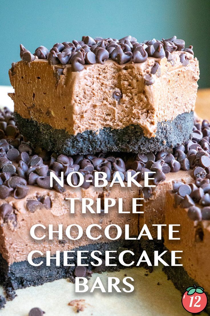 no - bake triple chocolate cheesecake bars are stacked on top of each other