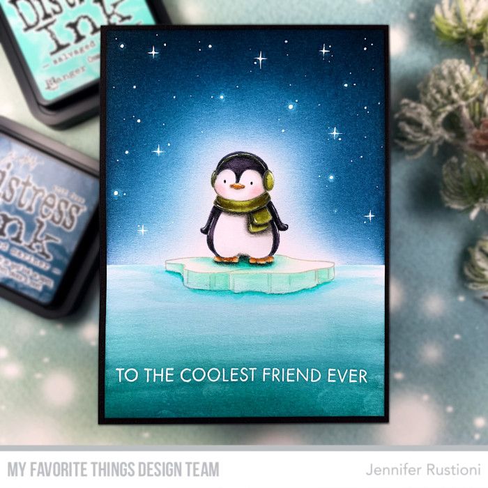 a card with a penguin on an ice floet