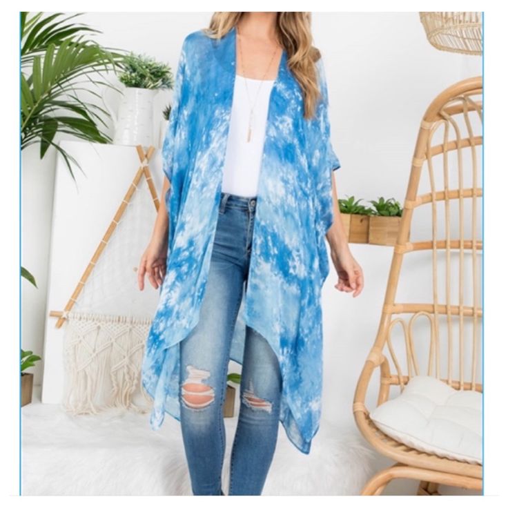 Boho Chic Gorgeous Kimono, Swim Coverup, Robe In A Beautiful Blue Tie Dye Print With Sleeves. Tie Dye Is Always Trendy!!! 100% Polyester Material. Turn Heads While Being Stylish & Sexy . One Size Fits Most S-2xl Blue Breezy Summer Cover-up, Blue Breezy Flowy Cover-up, Blue Flowy Breezy Cover-up, Lightweight Open Front Casual Cover-up, Blue Open Front Cover-up For Vacation, Blue Breezy Top For Beach, Blue Breezy Beach Tops, Breezy Blue Tops For Beach, Oversized Cotton Casual Cover-up