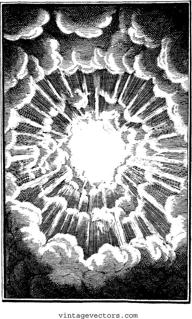 an image of clouds in the sky with sun rays coming out from behind them, vintage line drawing or engraving illustration