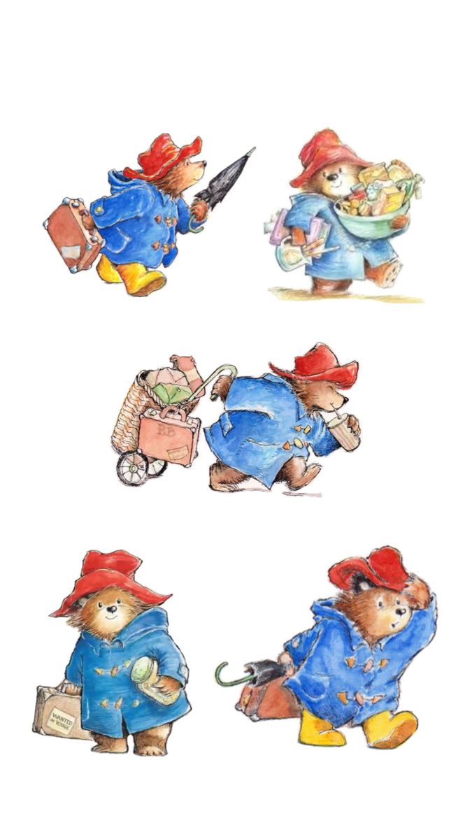 four watercolor illustrations of teddy bears dressed in clothes and hats, one holding an umbrella