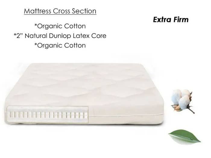 an extra firm mattress with organic cotton and natural bamboo latex core is shown in this advertisement