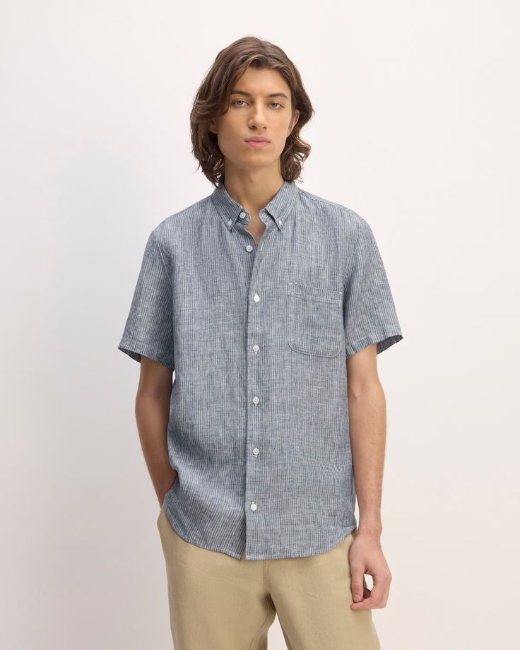 Meet the Linen Short-Sleeve Shirt. This piece features a standard fit, short sleeves, collar, button closure, and front pocket, in linen. Classic Linen Shirt With Pockets, Unstructured Short Sleeve Shirt With Pockets, Blue Linen Camp Shirt For Spring, Spring Blue Linen Camp Shirt, Casual Linen Shirt With Placket, Linen Shirt With Placket For Casual Gatherings, Short Sleeve Shirt With Welt Pockets And Unstructured Fit, Short Sleeve Shirt With Welt Pockets, Unstructured Short Sleeve Shirt With Welt Pockets