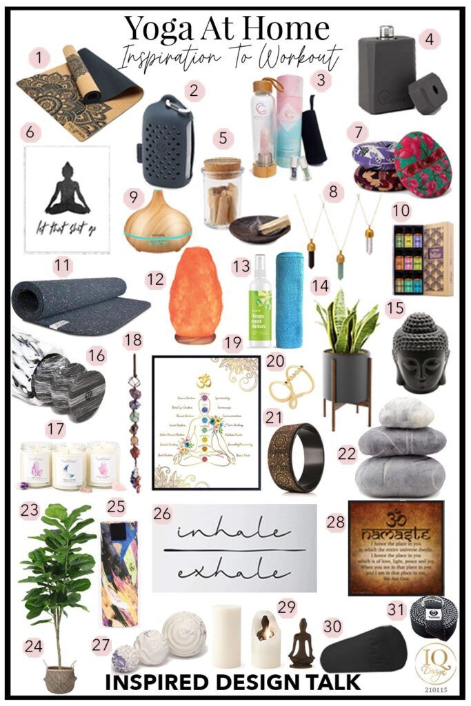 a poster with yoga items on it and the words, yoga at home inspires to work