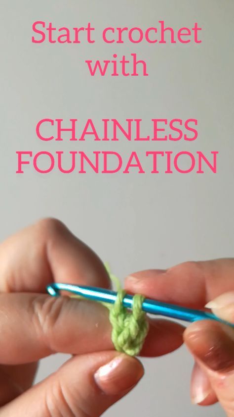 someone crocheting the end of a chain with their hands, and text overlay reads start crochet with channelless foundation