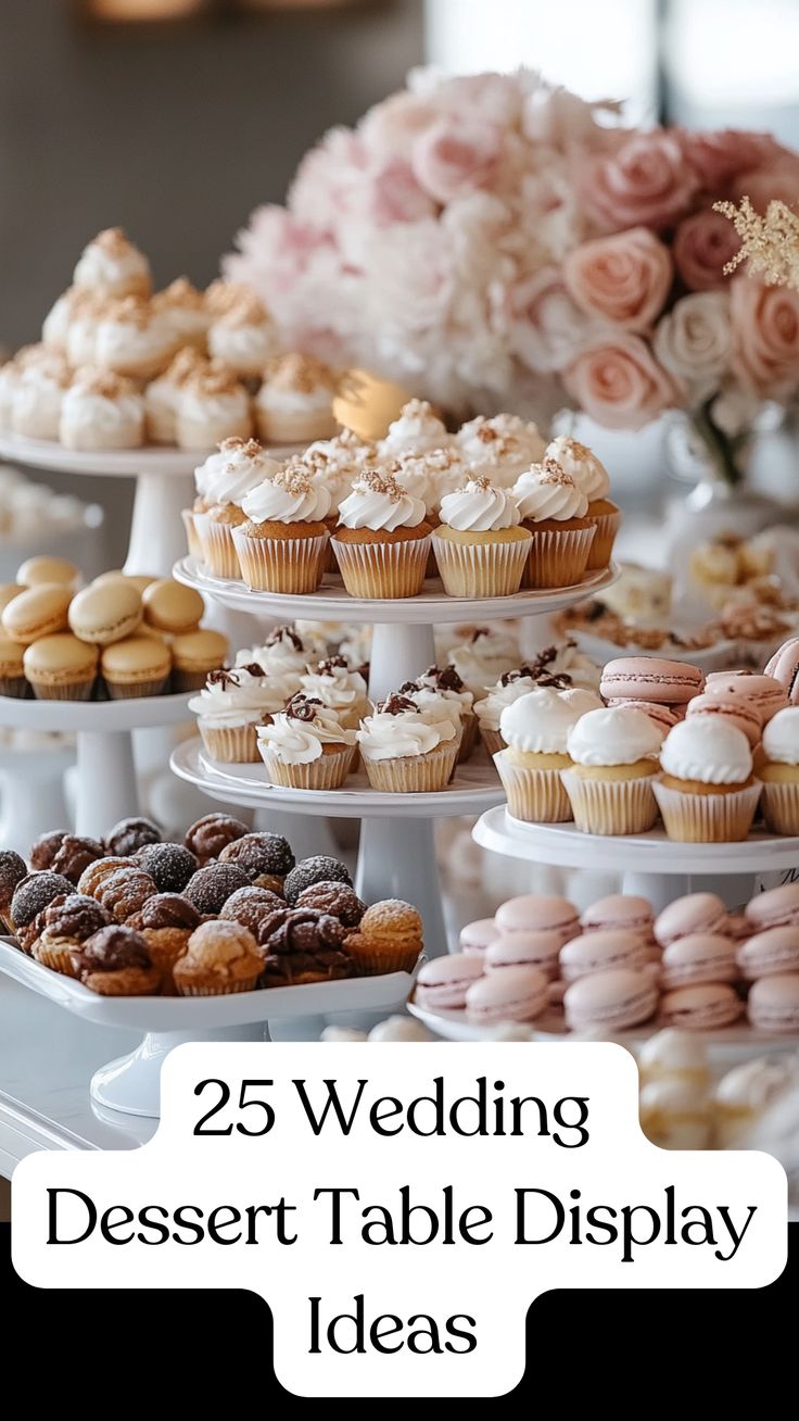 Modern wedding dessert table display with a variety of elegant treats, including cupcakes, macarons, and pastries, arranged on minimalist stands in a stylish, cohesive design. Dessert Bars Wedding Reception, Desert Display Wedding, Cupcake Dessert Table Wedding, Cupcake Display Ideas Wedding, Dessert Table Display Ideas, Studio Party Ideas, Dessert Bar Wedding Reception, Wedding Dessert Table Display, Wedding Treats Table