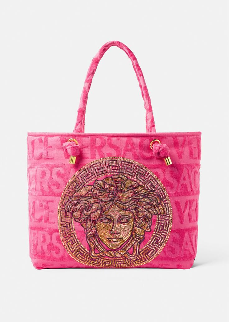 In a terry towelling material, this Versace tote bag features a tonal logo and a crystal-embellished Medusa, ideal for storing beach or pool essentials. Crystal Icon, Versace Tote Bag, Versace Bathrobe, Pool Essentials, Versace Bag, Life In Pink, Versace Pink, Purse Collection, Luxury Bags Collection