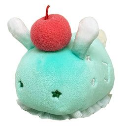 a stuffed animal with a cherry on top of it's head, sitting in front of a white background