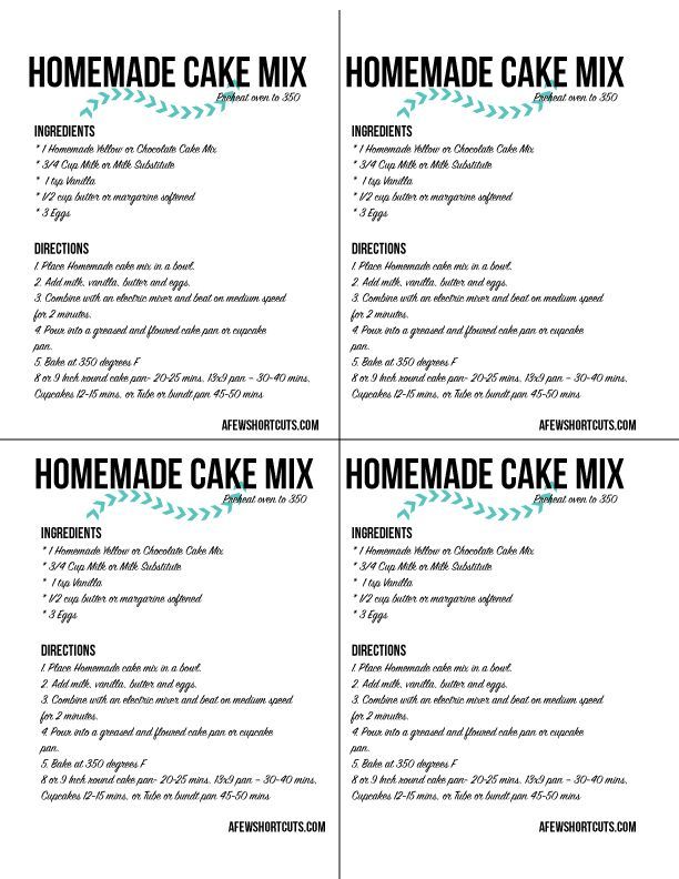 the ingredients for homemade cake mix are shown in black and white, with blue accents