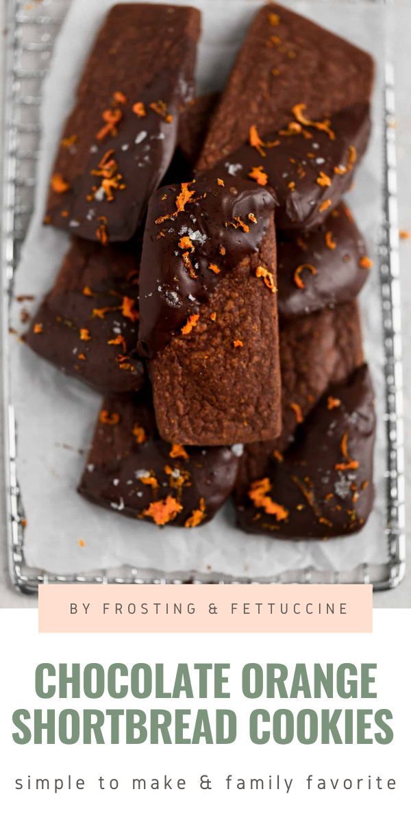 chocolate orange shortbread cookies are stacked on top of each other with the words, by frosting & fettuccine