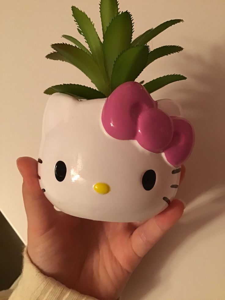 a hello kitty planter with a pink bow on it's head is held up against a white wall