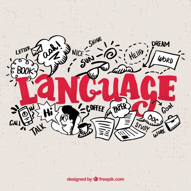 the word language is surrounded by doodles and speech bubbles in red on a white background