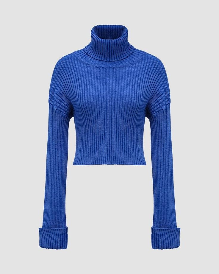 Details: Long-sleeve sweater with high collar designTop Length: CroppedSleeve Length: Long SleevesMaterials:95% Polyester + 5% Spandex Blue Turtleneck Sweater With Ribbed Cuffs, Blue Long Sleeve Turtleneck With Ribbed Cuffs, Blue Cropped Sweater With Ribbed Cuffs For Fall, Blue Turtleneck For Winter Layering, High Neck Sweater With Ribbed Collar, Casual Fitted Solid Color Turtleneck, Blue Ribbed Long Sleeve Cropped Sweater, Blue Ribbed Collar Turtleneck For Winter, Blue Long Sleeve Turtleneck For Fall