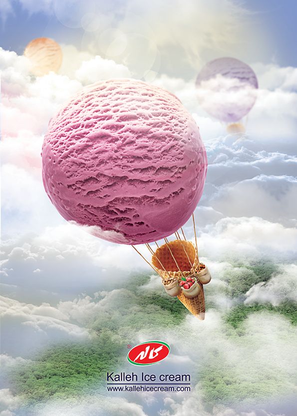 a pink ice cream in the shape of a hot air balloon flying through the clouds