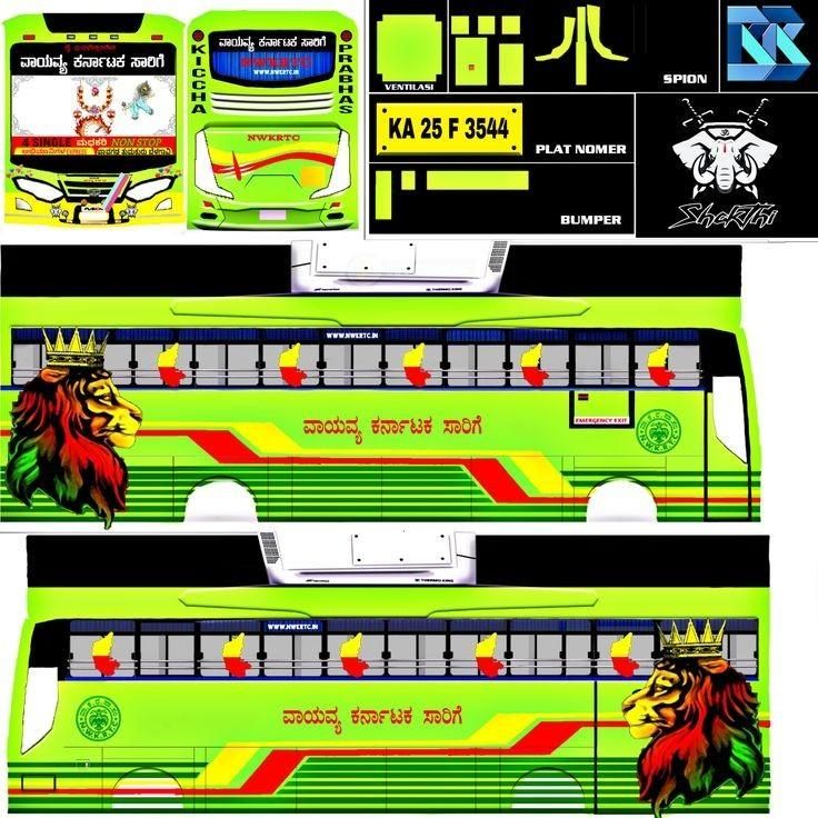 an advertisement for a bus that is green with red and yellow designs on the side