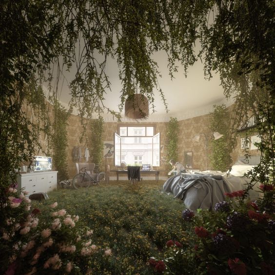 an image of a bedroom with flowers in the foreground and a window on the far wall