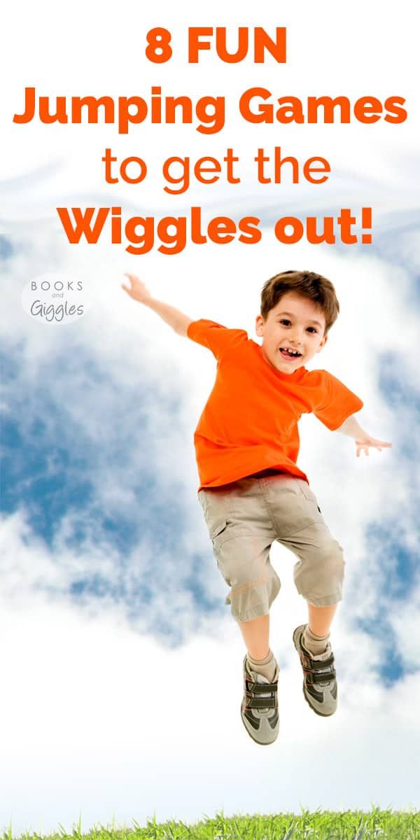 a young boy jumping in the air with text overlay that reads 8 fun jumping games to get the wiggles out