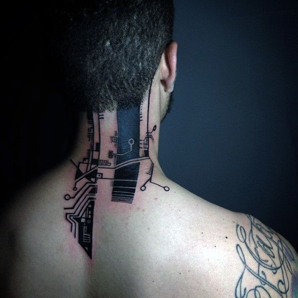 the back of a man's neck with tattoos on it