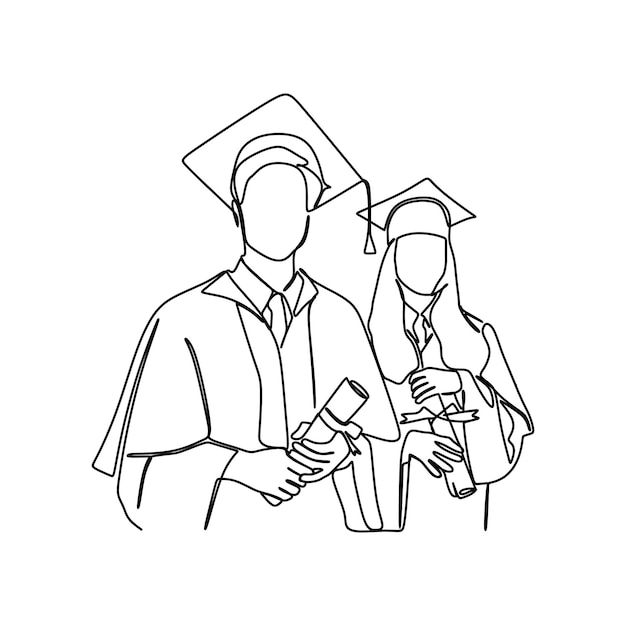 a black and white line drawing of two people in graduation gowns, one holding a diploma