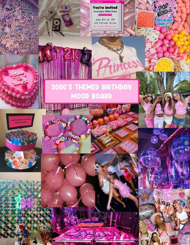 a collage of photos with pink and purple decorations, balloons, and other items