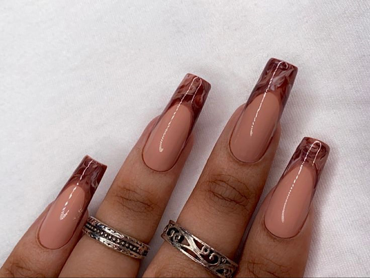 Square Nail Designs Marble, Brown Marble Tip Nails, Brown Marble Nails French Tip, Brown Swirl French Tip Nails, Black Marble French Tip Nails, Brown Marble French Tip Nails, French Tip And Marble Nails, Good Acrylic Nails, Brown Fall Acrylic Nails