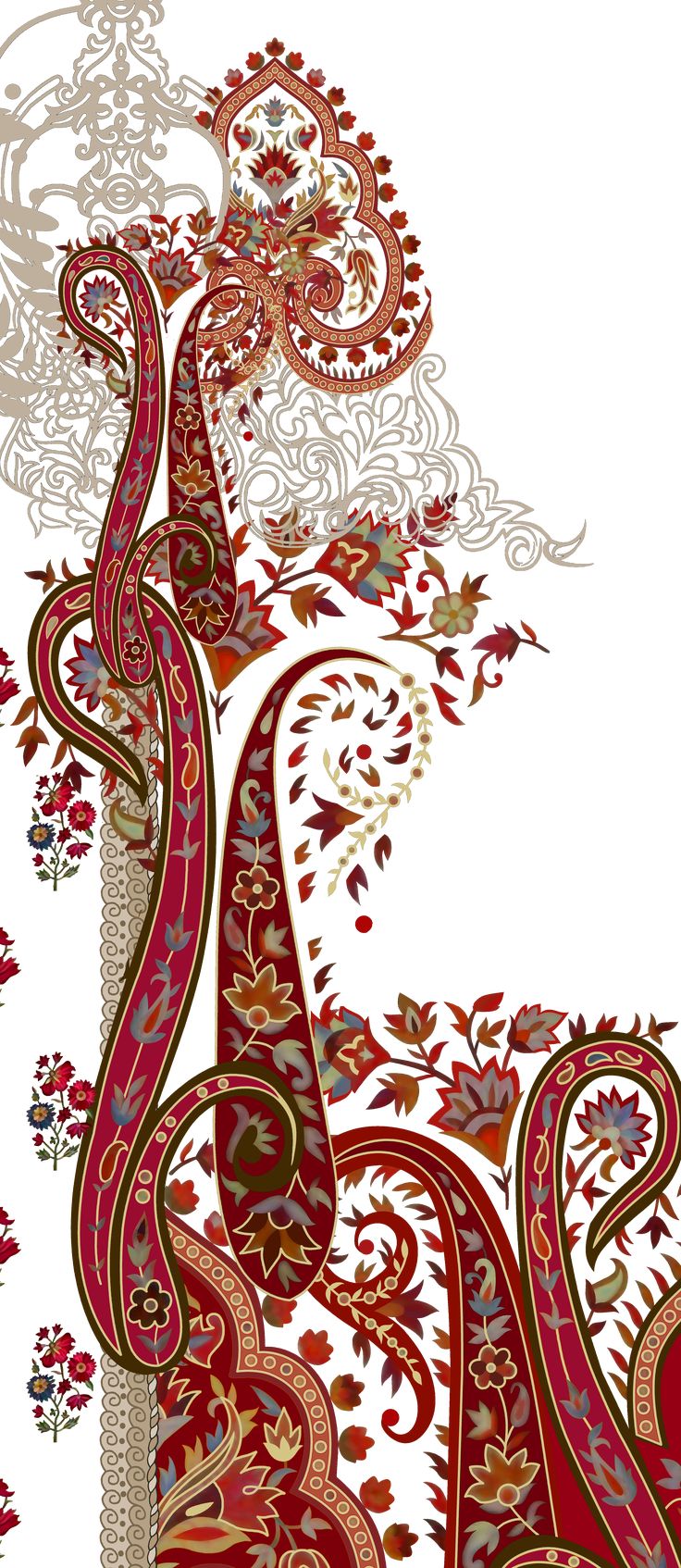 an artistic red and white background with swirls, leaves, and flowers on it