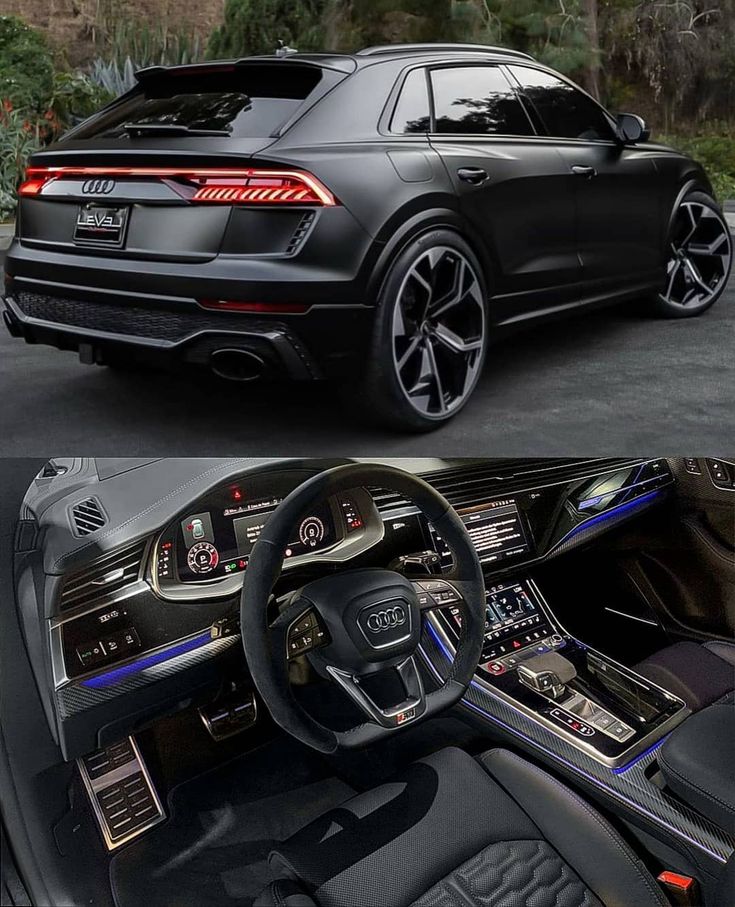 the inside and outside view of a car with black leather seats, steering wheel and dashboard