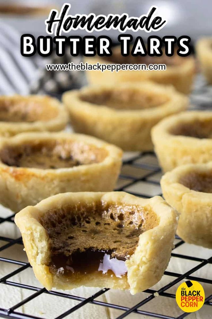 homemade butter tarts on a cooling rack with text overlay that reads homemade butter tarts