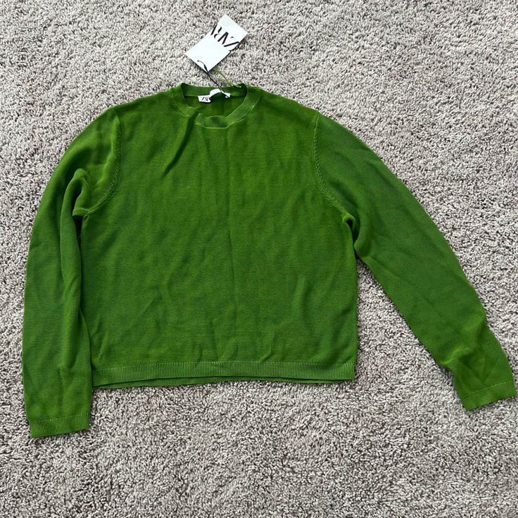 Zara Green Knit Sweater In Size Small Stretch Soft Knit Cropped Sweater For Spring, Casual Textured Knit Cropped Sweater For Spring, Green Soft Knit Cropped Sweater For Fall, Soft Knit Green Cropped Sweater For Fall, Green Spring Sweater, Zara Long Sleeve Solid Sweater, Green Stretch Sweater In Fine Knit, Zara Long Sleeve Black Sweater, Spring Layering Cropped Sweater With Crew Neck